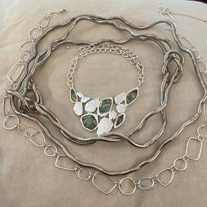 Silver bundle: three shapable snake twist, geometric and statement necklaces.